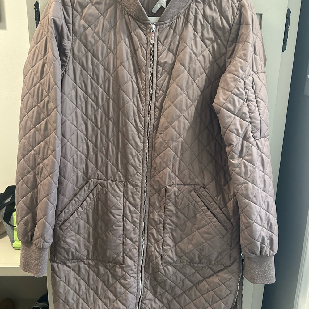 Zella Quilted Long Puffer Jacket in Mauve Taupe
